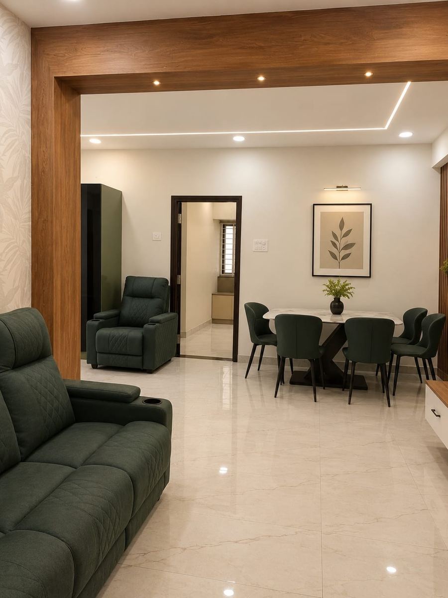 Living and dining area of a furnished 2 BHK flat at Middle Town, Medchal