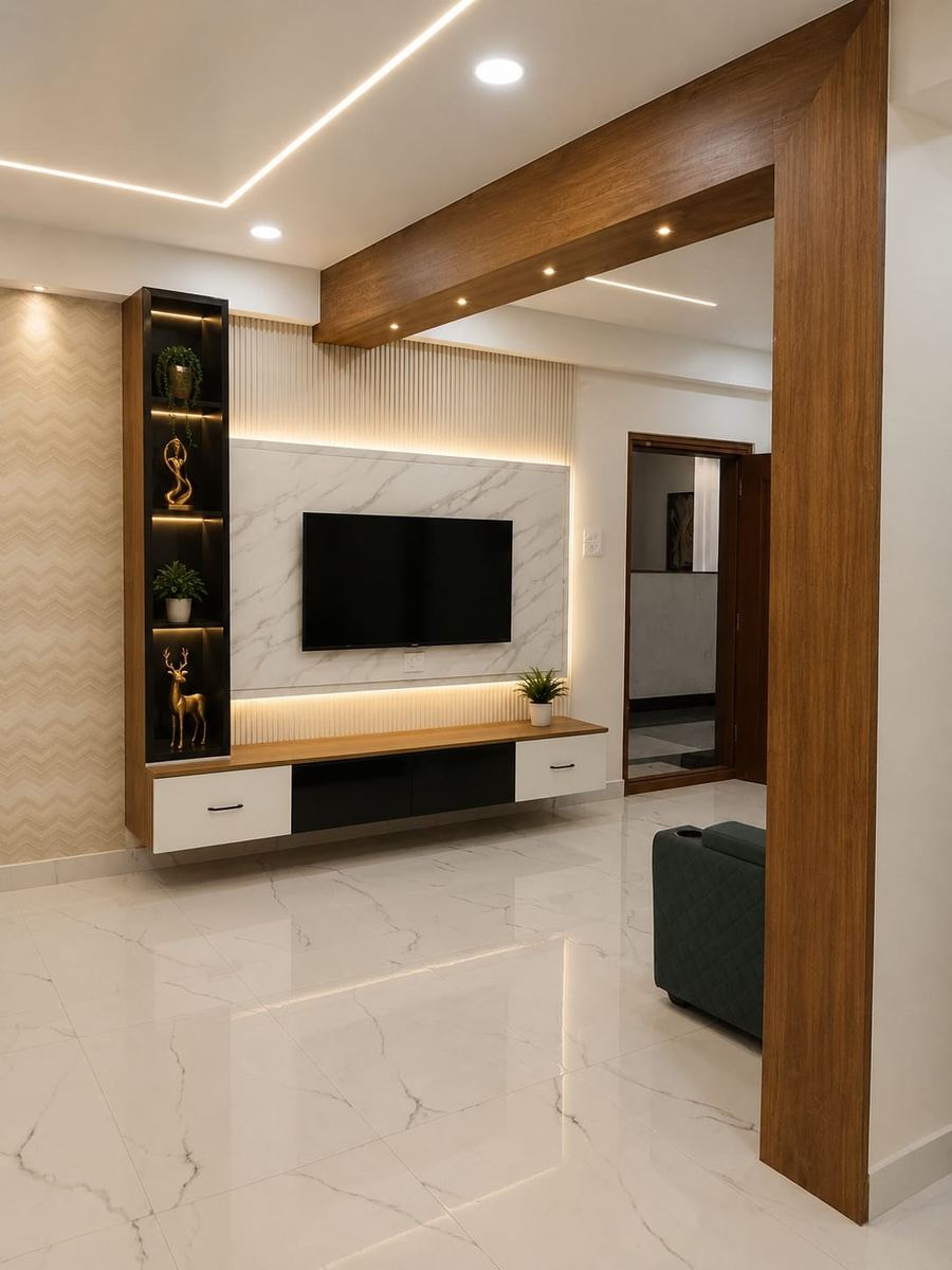 Living room with media wall in a Middle Town apartment, Kandlakoya