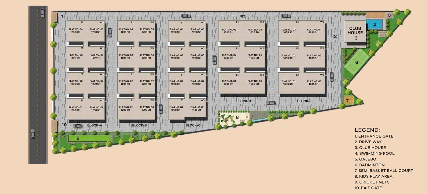 Middle Town master site plan — blocks A to E, clubhouse, swimming pool and play areas, Kandlakoya